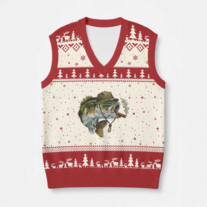 Funny Smoking Bass Fish V-Neck Knit Sweater Vest Bass Fishing Lover Graphic