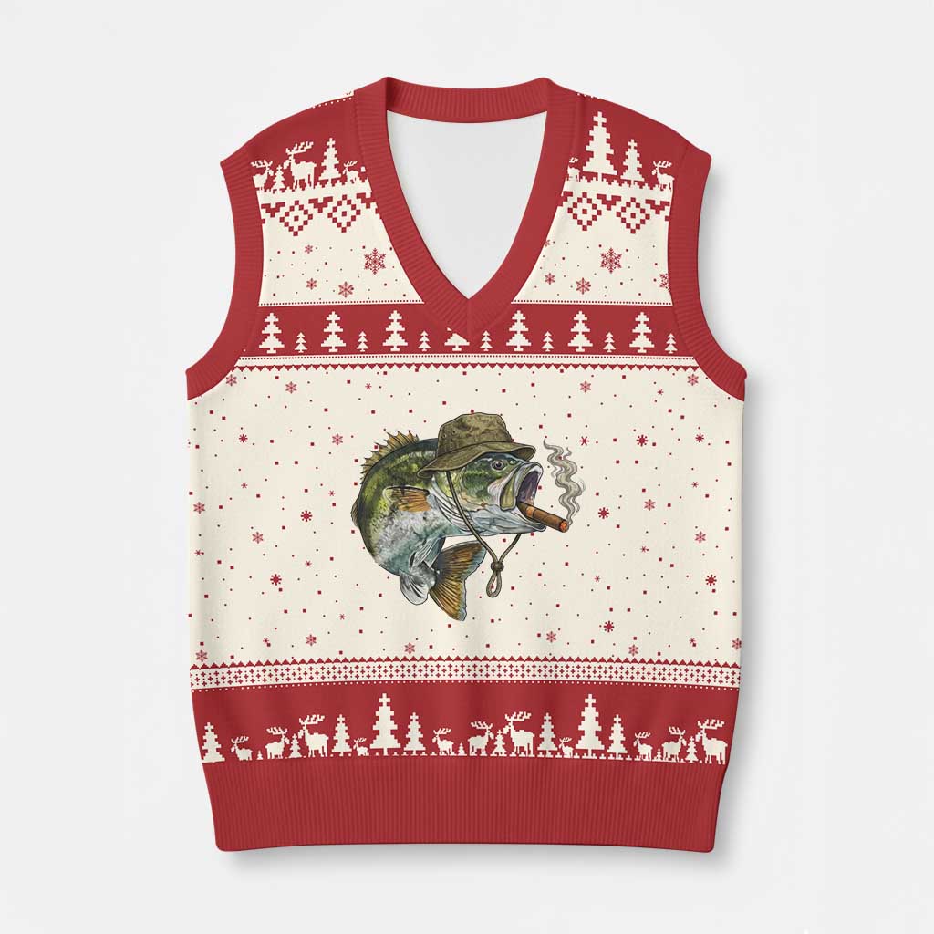 Funny Smoking Bass Fish V-Neck Knit Sweater Vest Bass Fishing Lover Graphic TS12 Beige Red Print Your Wear