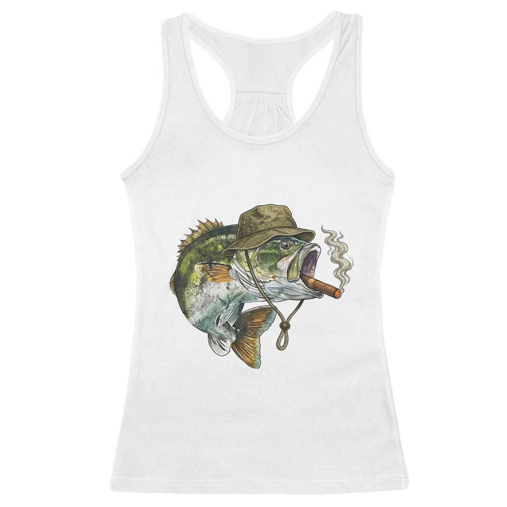 Funny Smoking Bass Fish Racerback Tank Top Bass Fishing Lover Graphic TS12 White Print Your Wear
