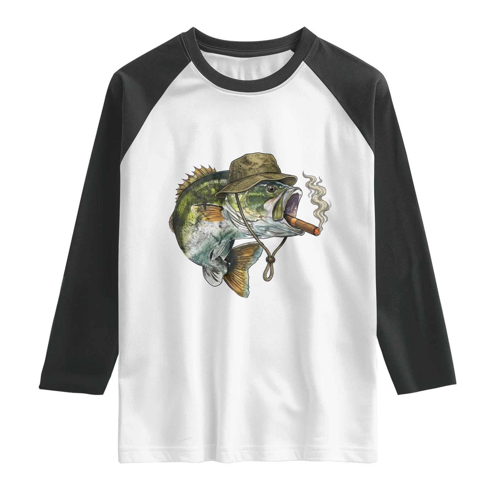 Funny Smoking Bass Fish Raglan Shirt Bass Fishing Lover Graphic TS12 White Black Print Your Wear
