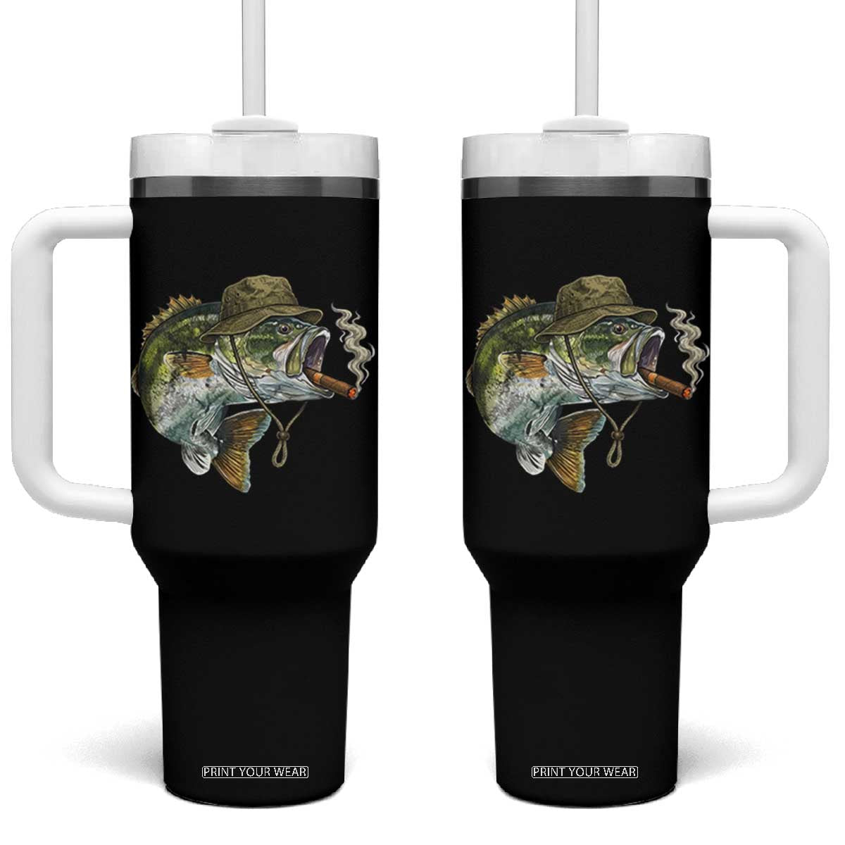 Funny Smoking Bass Fish Tumbler With Handle Bass Fishing Lover Graphic TS12 One Size: 40 oz Black Print Your Wear