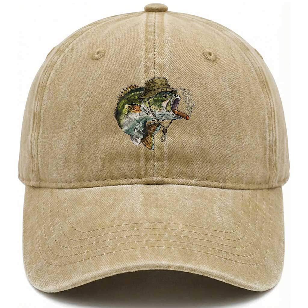 Funny Smoking Bass Fish Washed Cotton Baseball Cap Bass Fishing Lover Graphic TS12 Print Your Wear