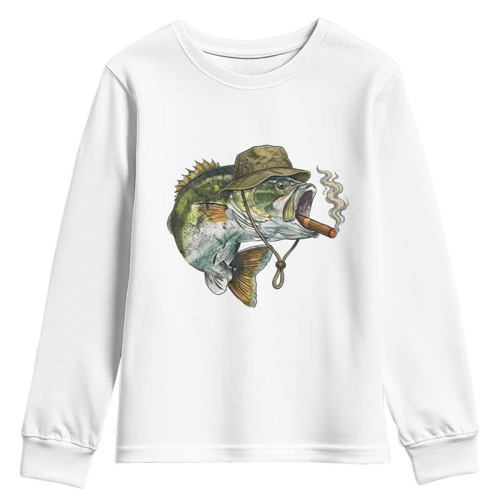 Funny Smoking Bass Fish Youth Sweatshirt Bass Fishing Lover Graphic TS12 White Print Your Wear