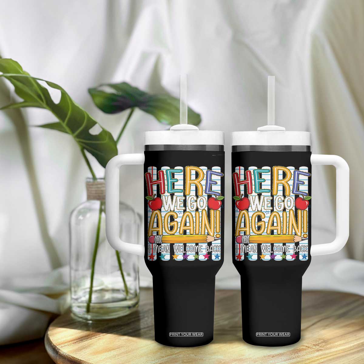 Funny Striped Teacher Back To School Tumbler With Handle Here We Go Again Welcome Back