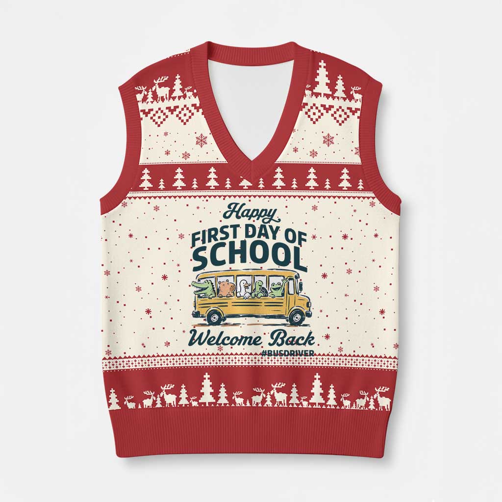 School Bus Driver Gift V-Neck Knit Sweater Vest Happy First Day Of School