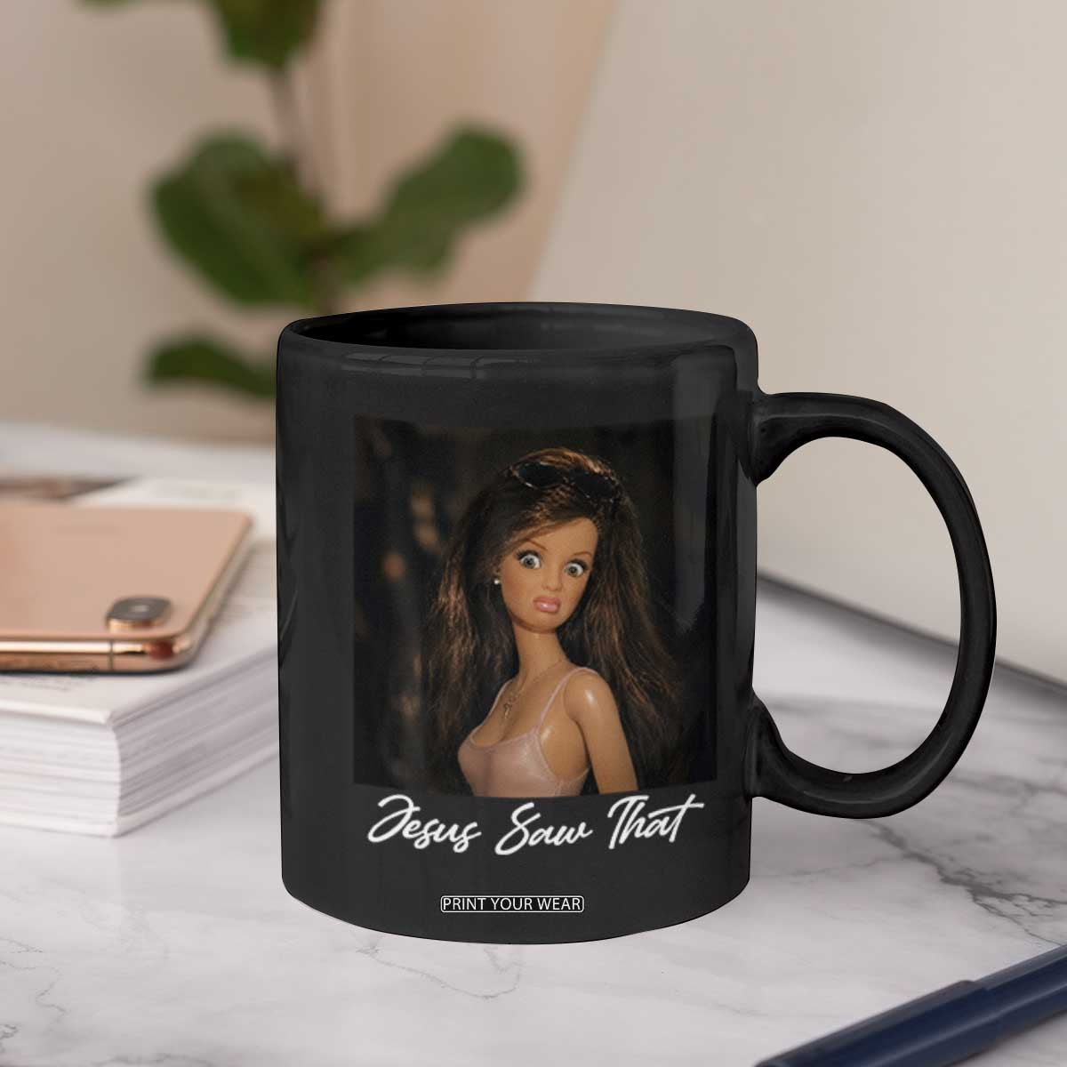 Funny Sassy Christian Doll Face Meme Coffee Mug Jesus Saw That