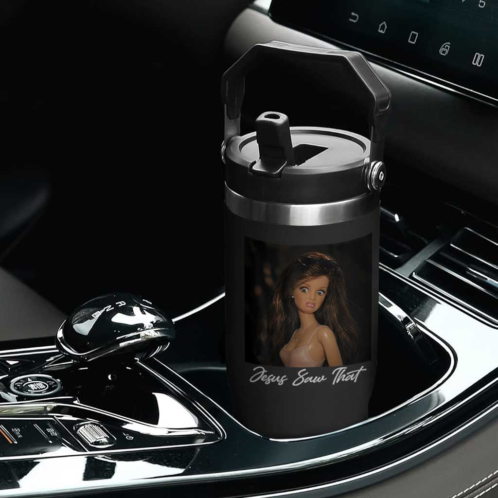 Funny Sassy Christian Doll Face Meme Flip Straw Tumbler Jesus Saw That