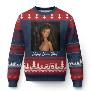 Funny Sassy Christian Doll Face Meme Ugly Christmas Sweater Jesus Saw That