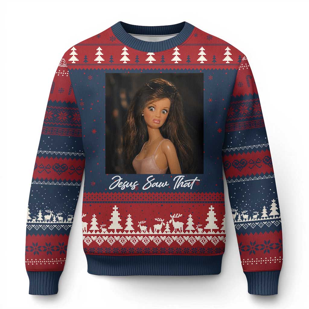 Funny Sassy Christian Doll Face Meme Ugly Christmas Sweater Jesus Saw That TS12 Navy Red Print Your Wear