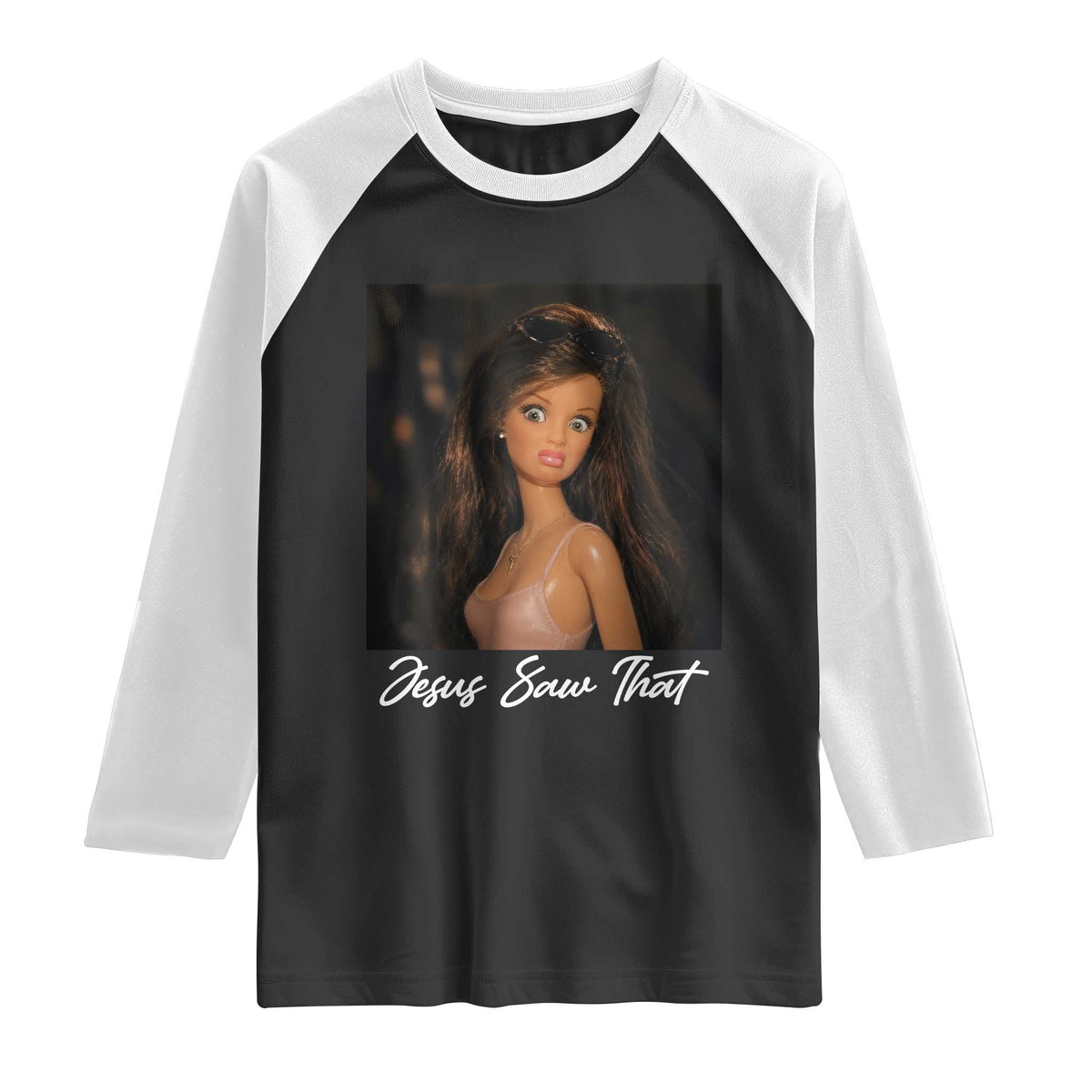 Funny Sassy Christian Doll Face Meme Raglan Shirt Jesus Saw That