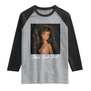 Funny Sassy Christian Doll Face Meme Raglan Shirt Jesus Saw That