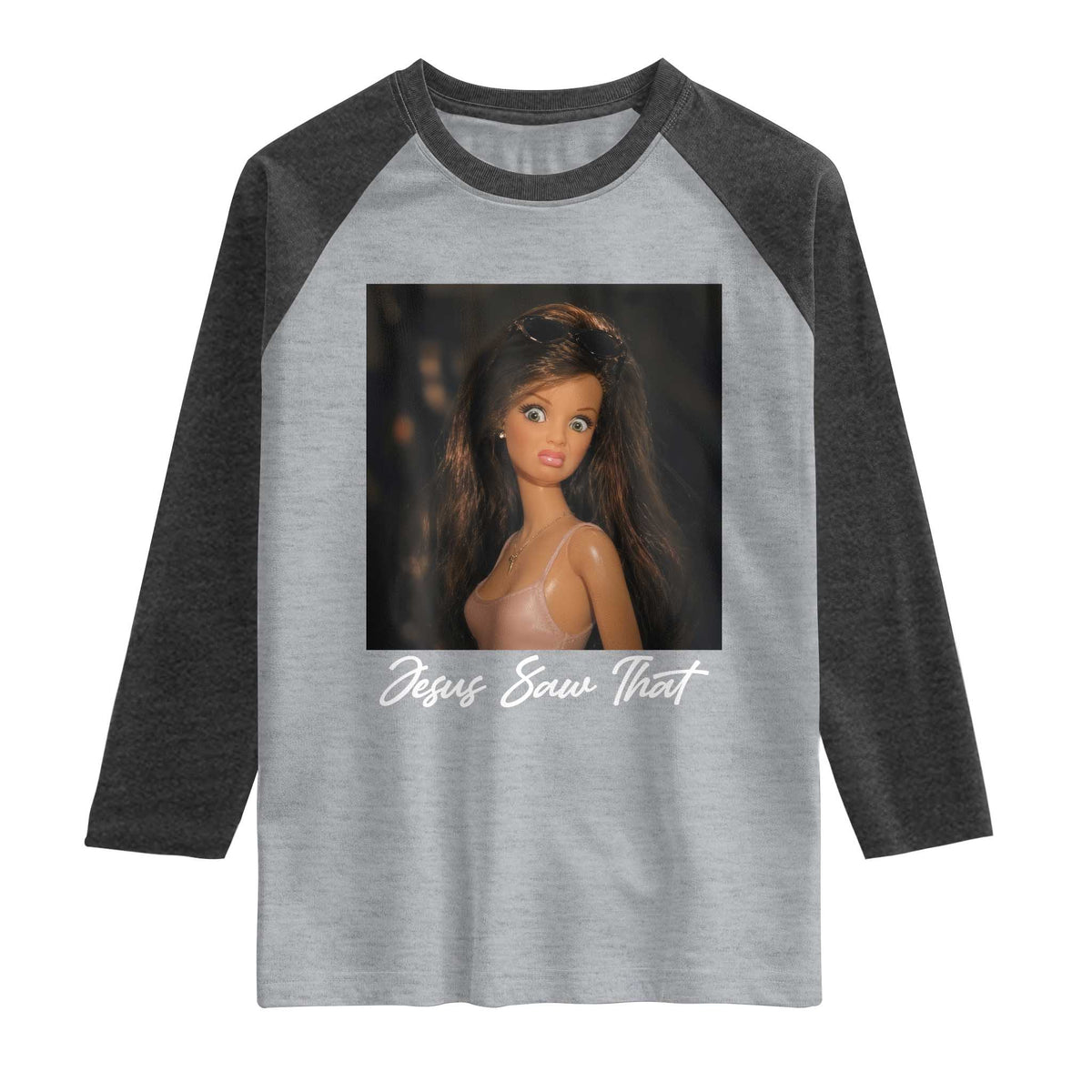 Funny Sassy Christian Doll Face Meme Raglan Shirt Jesus Saw That