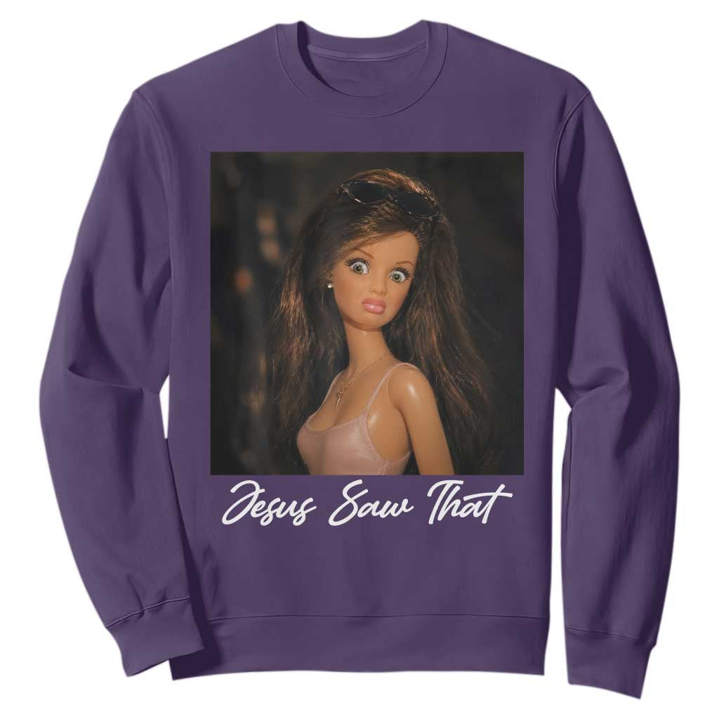 Funny Sassy Christian Doll Face Meme Sweatshirt Jesus Saw That