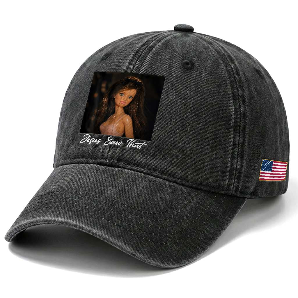 Funny Sassy Christian Doll Face Meme Washed Cotton Baseball Cap Jesus Saw That TS12 Print Your Wear