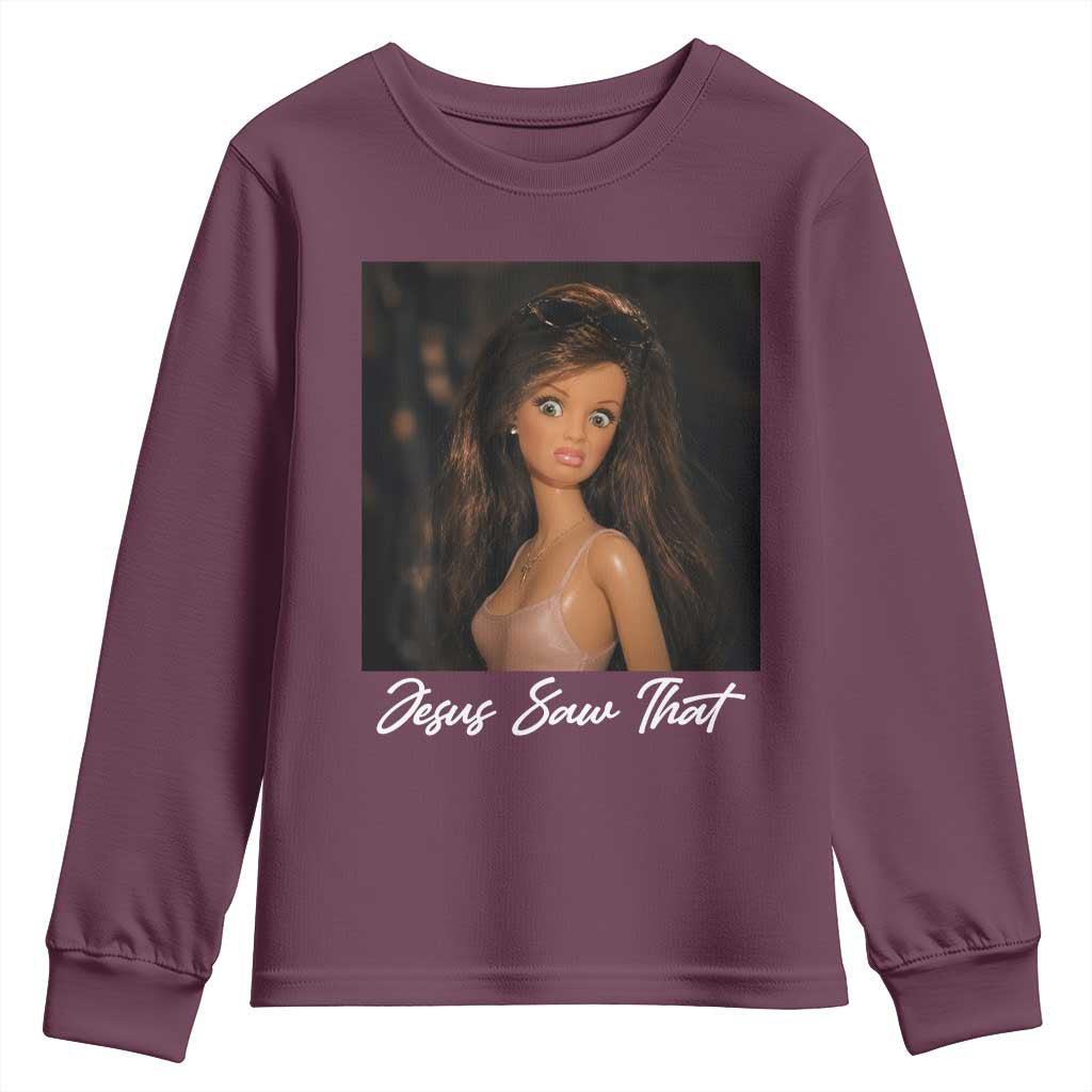 Funny Sassy Christian Doll Face Meme Youth Sweatshirt Jesus Saw That
