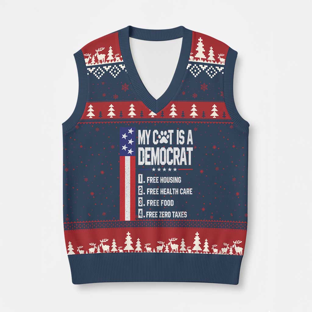 Funny My Cat Is A Democrat V-Neck Knit Sweater Vest Lazy Cat Political Humor TS12 Navy Red Print Your Wear