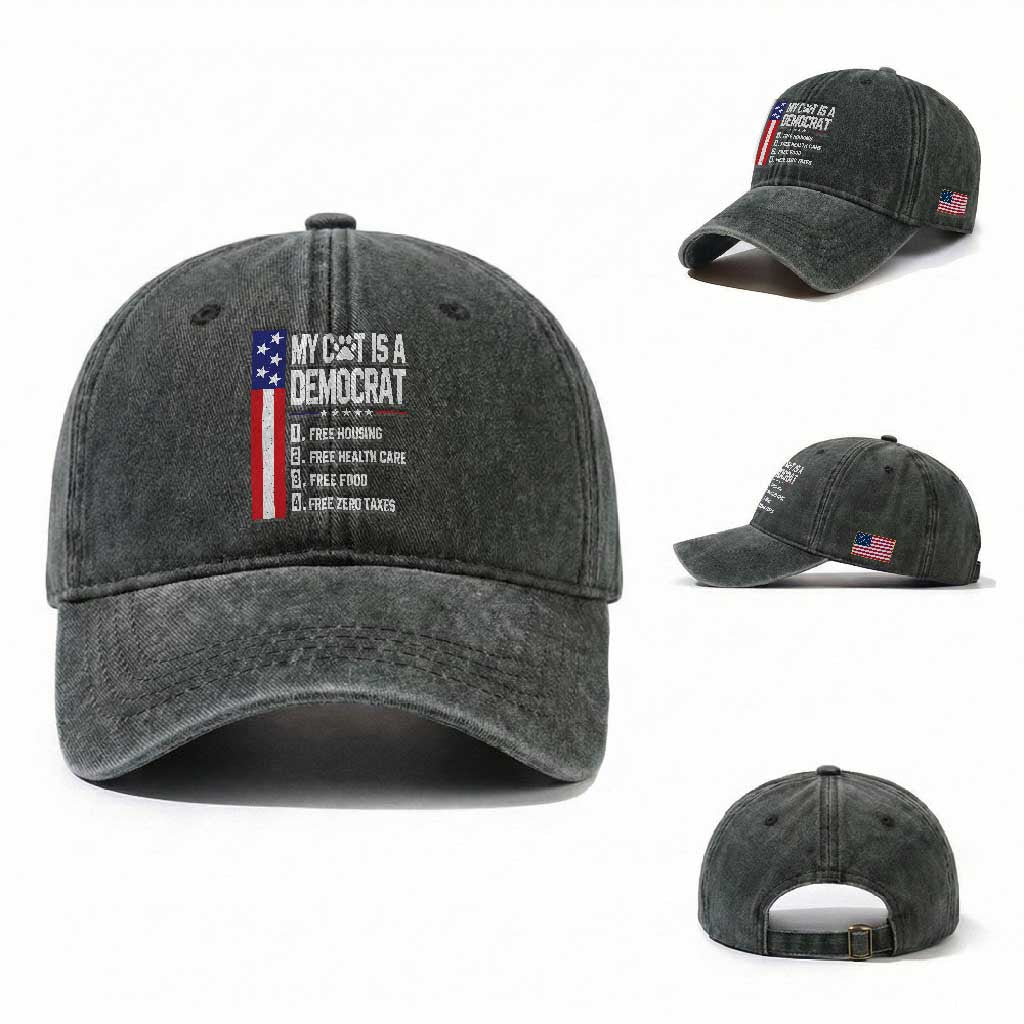 Funny My Cat Is A Democrat Washed Cotton Baseball Cap Lazy Cat Political Humor TS12 Washed Cap Universal Fit Dark Green Print Your Wear