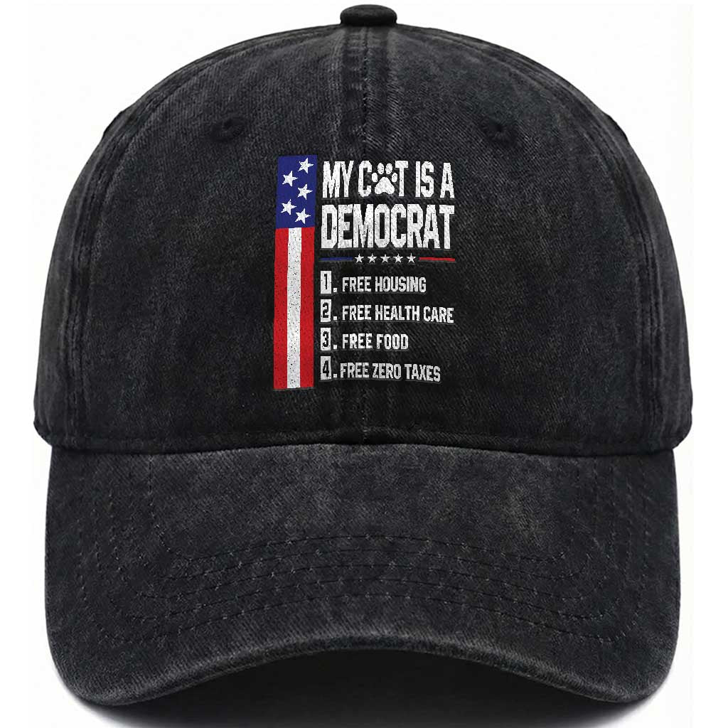 Funny My Cat Is A Democrat Washed Cotton Baseball Cap Lazy Cat Political Humor TS12 Print Your Wear
