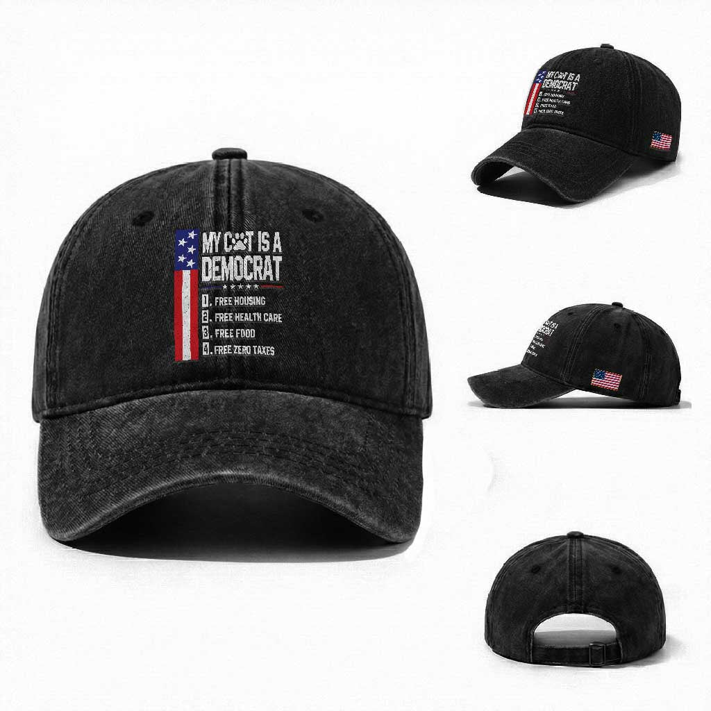 Funny My Cat Is A Democrat Washed Cotton Baseball Cap Lazy Cat Political Humor TS12 Washed Cap Universal Fit Black Print Your Wear