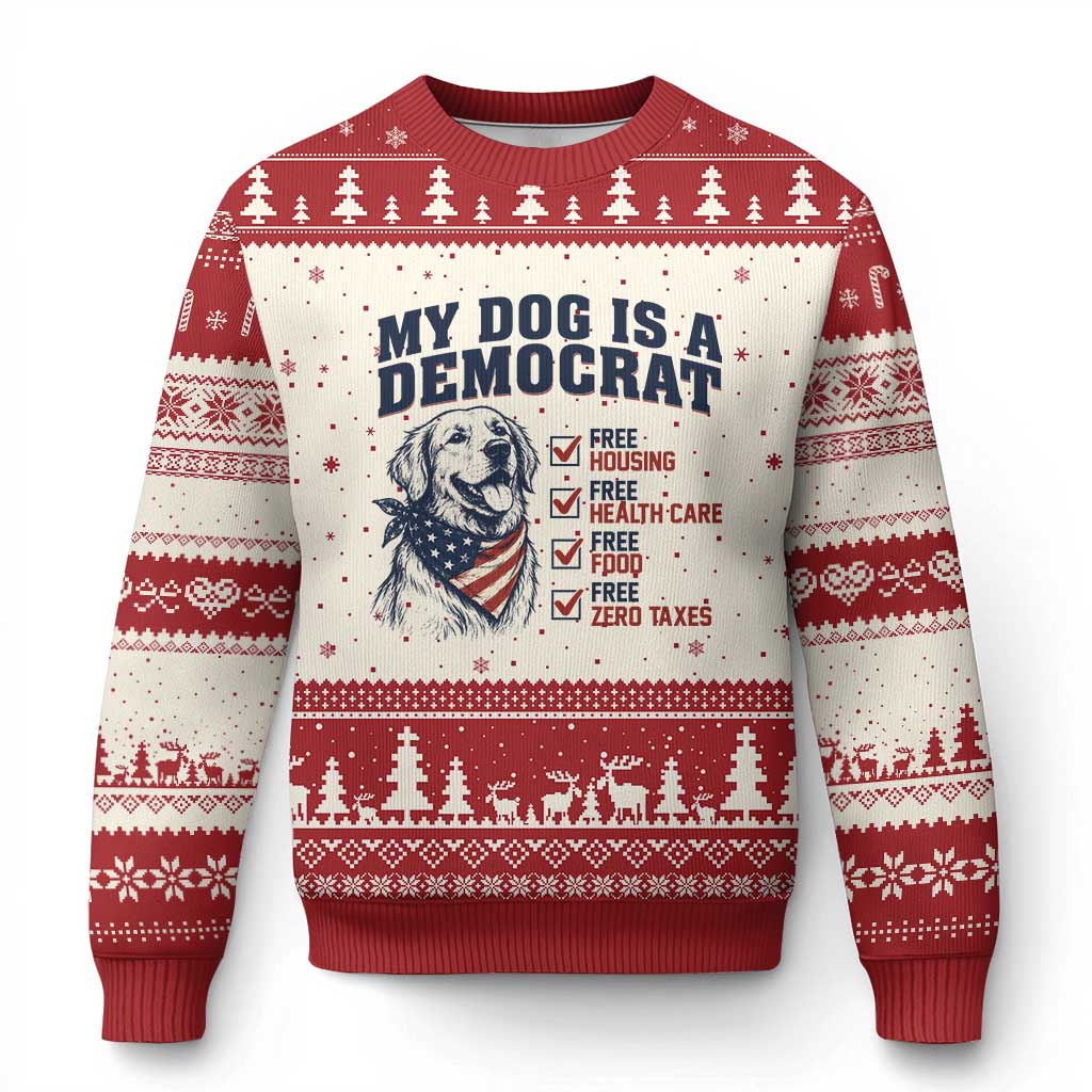 Funny Political Satire Dog Owner Gift Ugly Christmas Sweater My Dog Is A Democrat TS12 Beige Red Print Your Wear