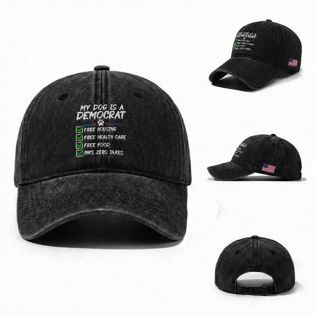 My Dog Is A Democrat Washed Cotton Baseball Cap Funny Political Satire Graphic TS12 Washed Cap Universal Fit Black Print Your Wear