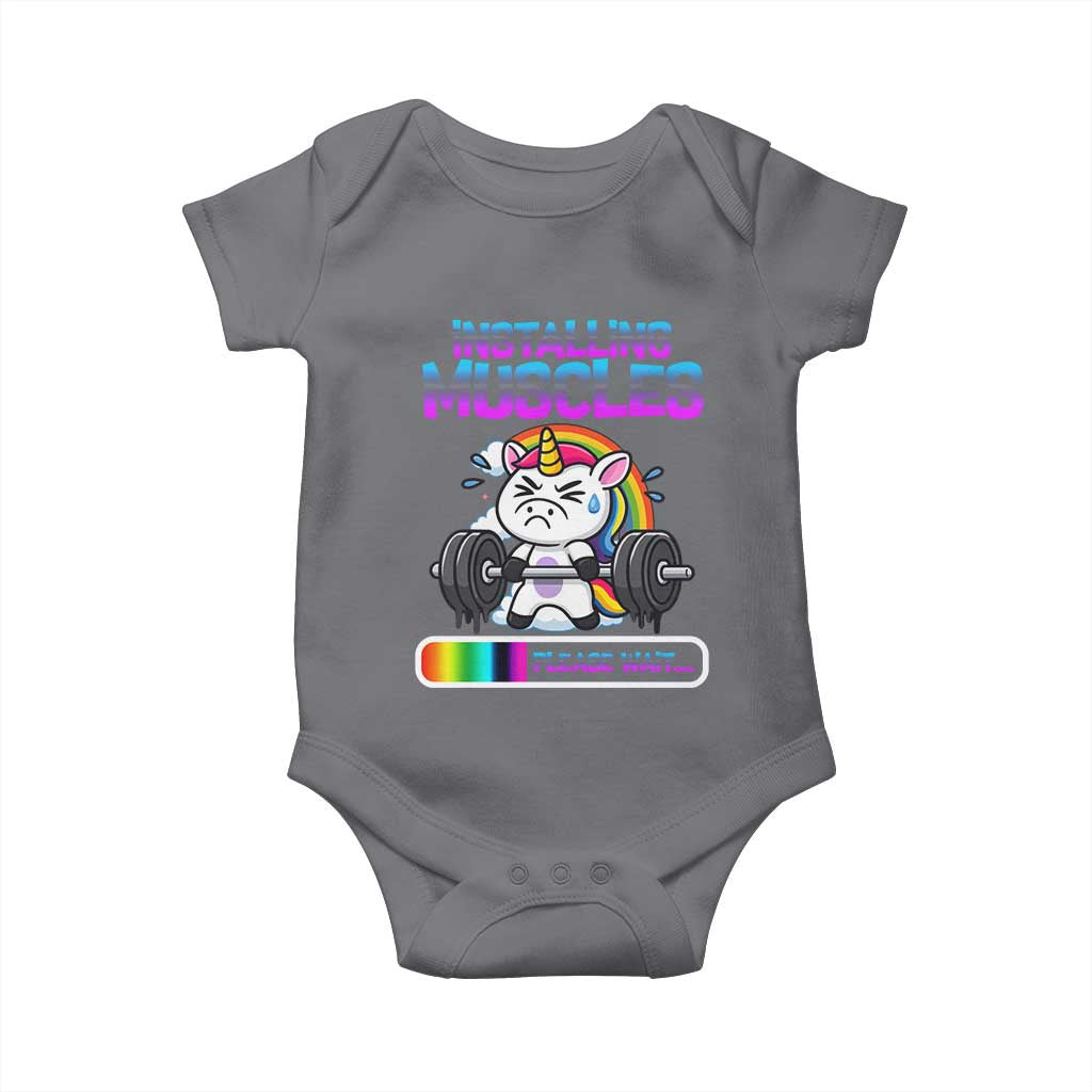 Installing Muscles Please Wait Baby Onesie Cute Unicorn Gym Workout Gift TS12 Charcoal Print Your Wear