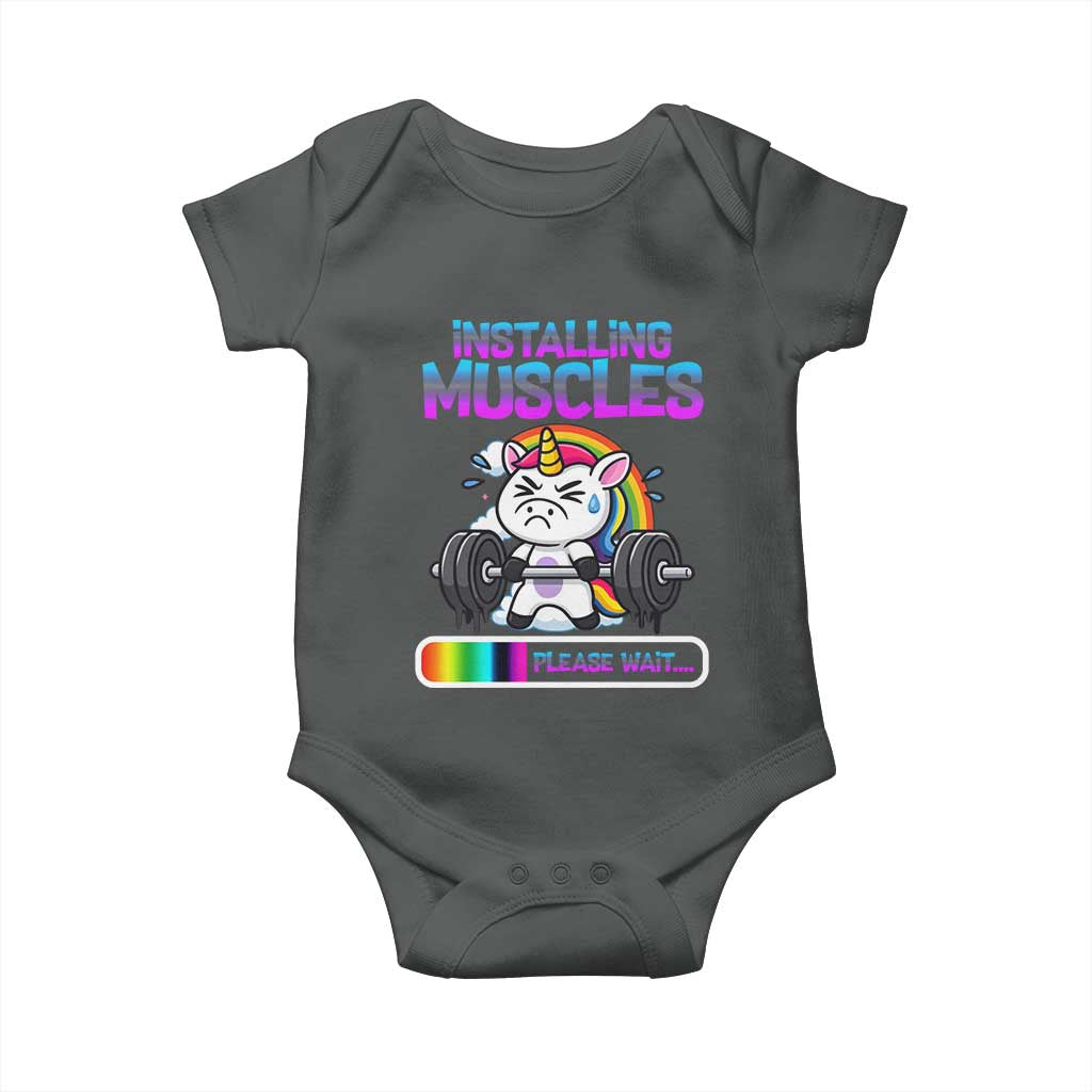 Installing Muscles Please Wait Baby Onesie Cute Unicorn Gym Workout Gift TS12 Dark Heather Print Your Wear