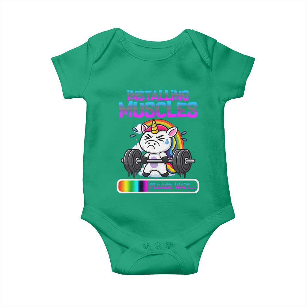 Installing Muscles Please Wait Baby Onesie Cute Unicorn Gym Workout Gift TS12 Irish Green Print Your Wear