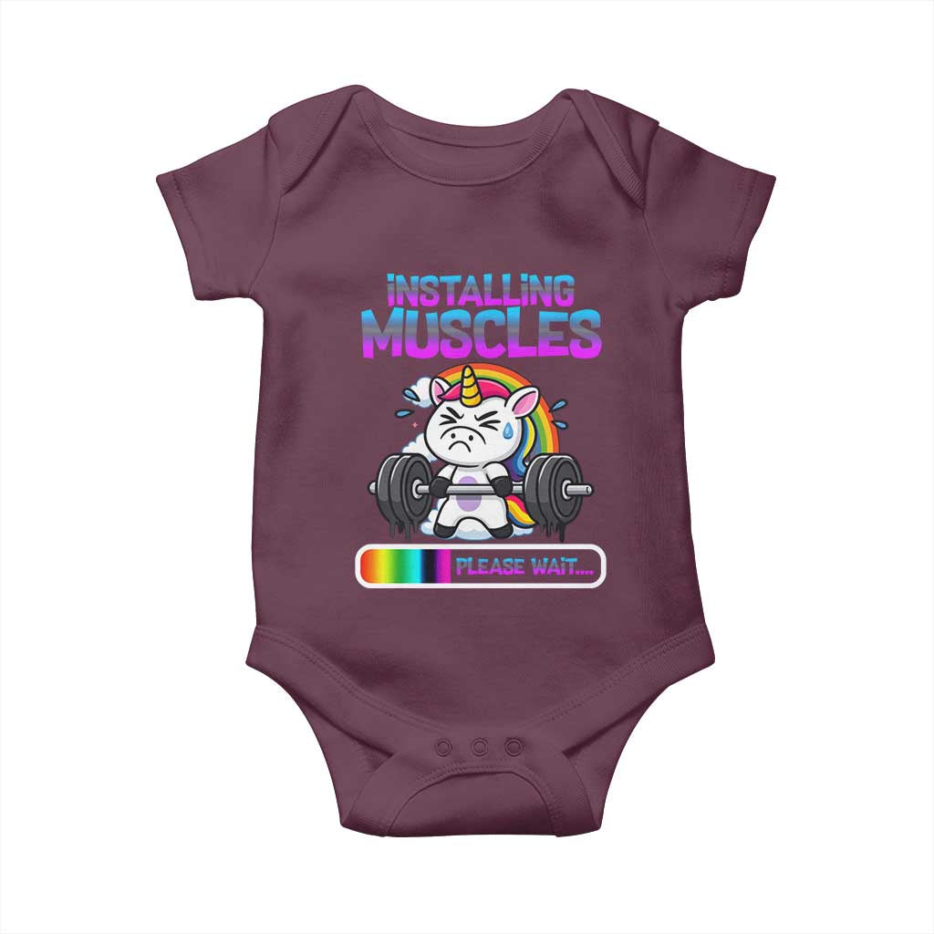Installing Muscles Please Wait Baby Onesie Cute Unicorn Gym Workout Gift TS12 Maroon Print Your Wear