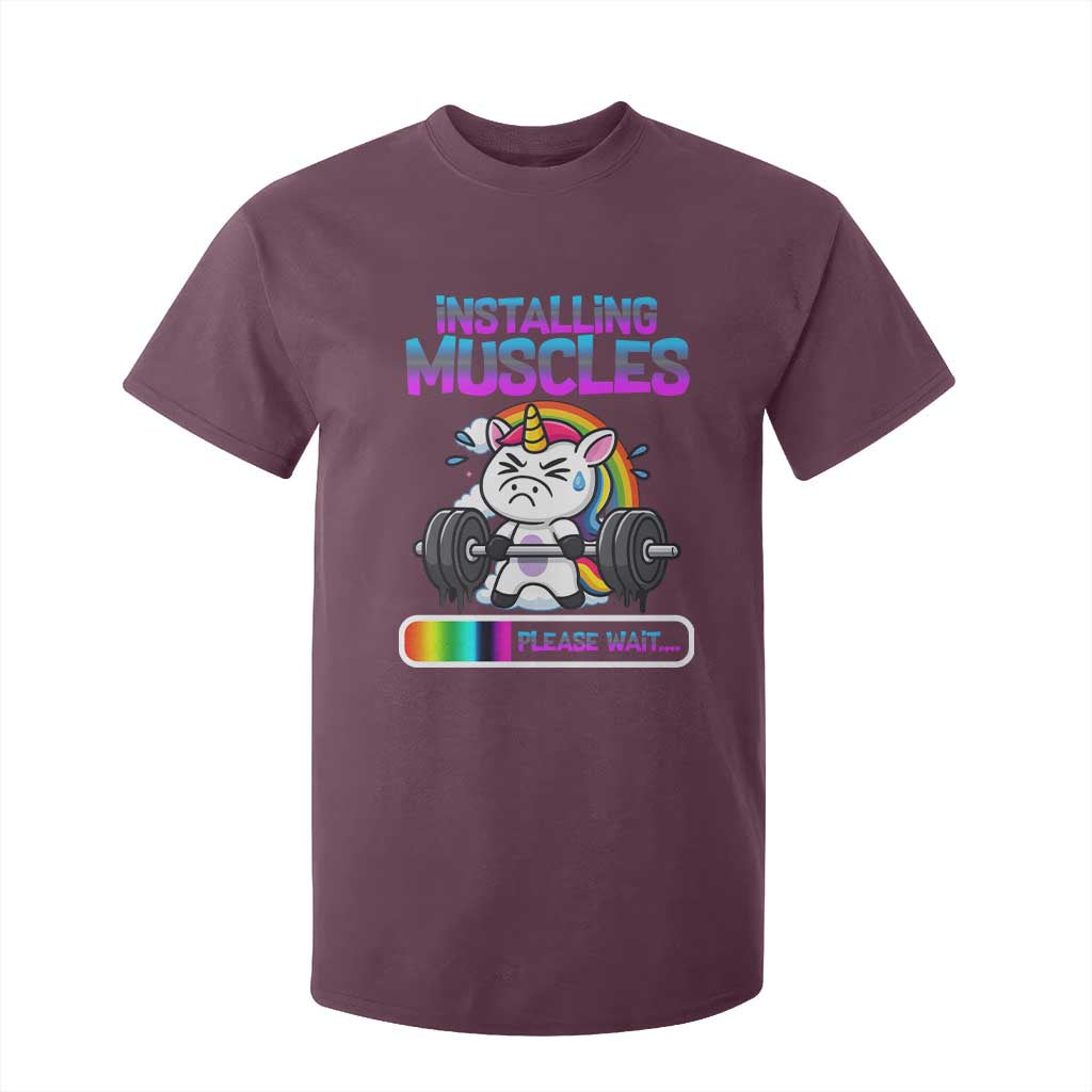 Installing Muscles Please Wait T Shirt For Kid Cute Unicorn Gym Workout Gift TS12 Maroon Print Your Wear