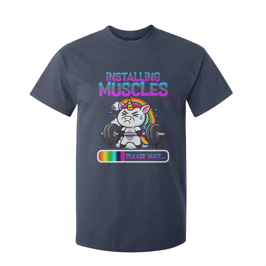 Installing Muscles Please Wait T Shirt For Kid Cute Unicorn Gym Workout Gift TS12 Navy Print Your Wear