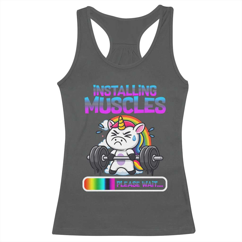 Installing Muscles Please Wait Racerback Tank Top Cute Unicorn Gym Workout Gift TS12 Dark Heather Print Your Wear