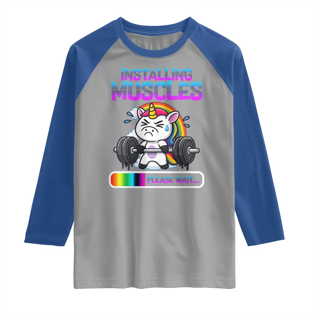 Installing Muscles Please Wait Raglan Shirt Cute Unicorn Gym Workout Gift TS12 Sport Gray Royal Print Your Wear