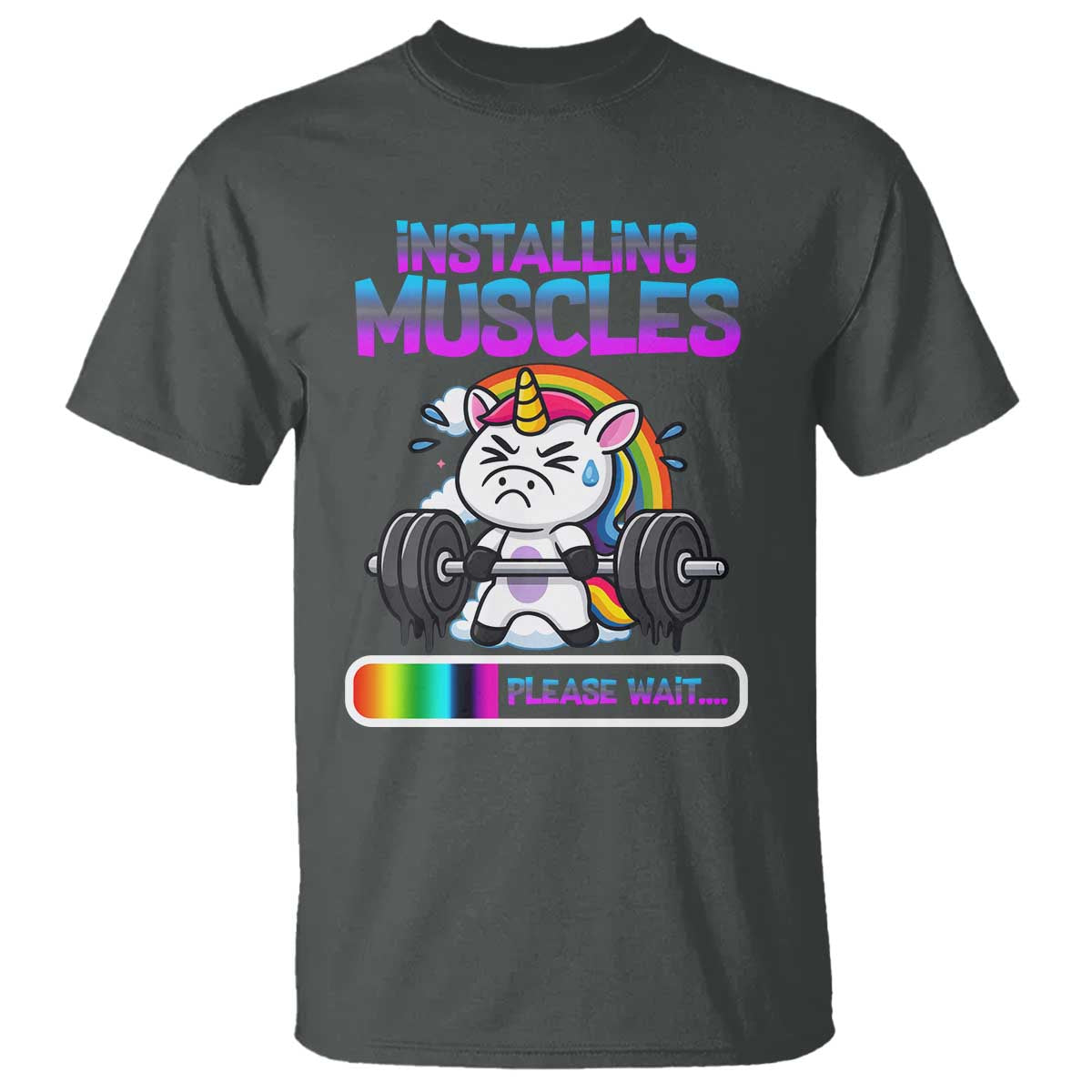 Installing Muscles Please Wait T Shirt Cute Unicorn Gym Workout Gift TS12 Dark Heather Print Your Wear