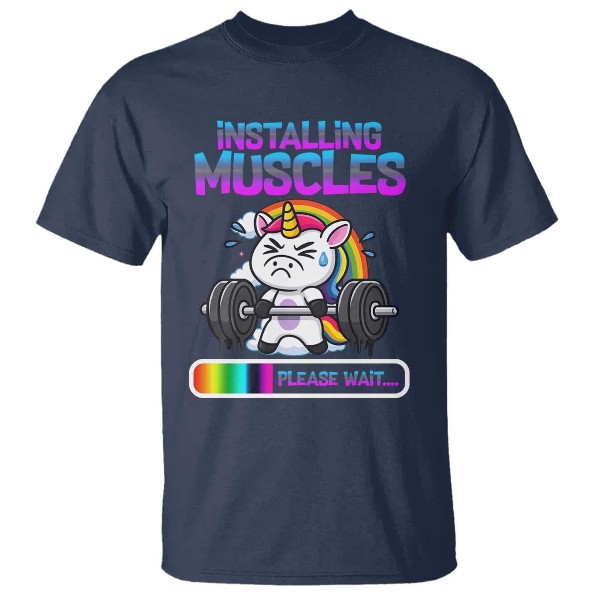 Installing Muscles Please Wait T Shirt Cute Unicorn Gym Workout Gift TS12 Navy Print Your Wear