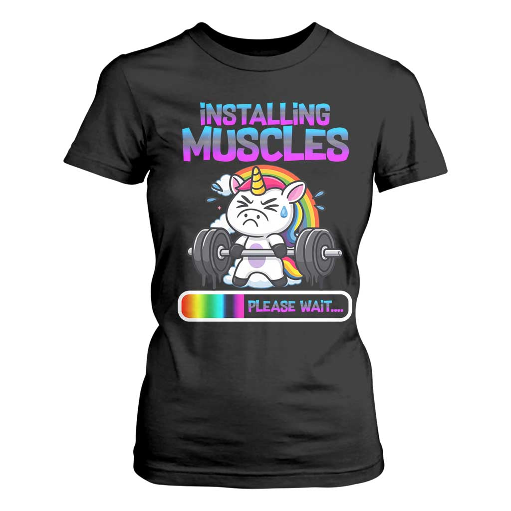 Installing Muscles Please Wait T Shirt For Women Cute Unicorn Gym Workout Gift TS12 Black Print Your Wear
