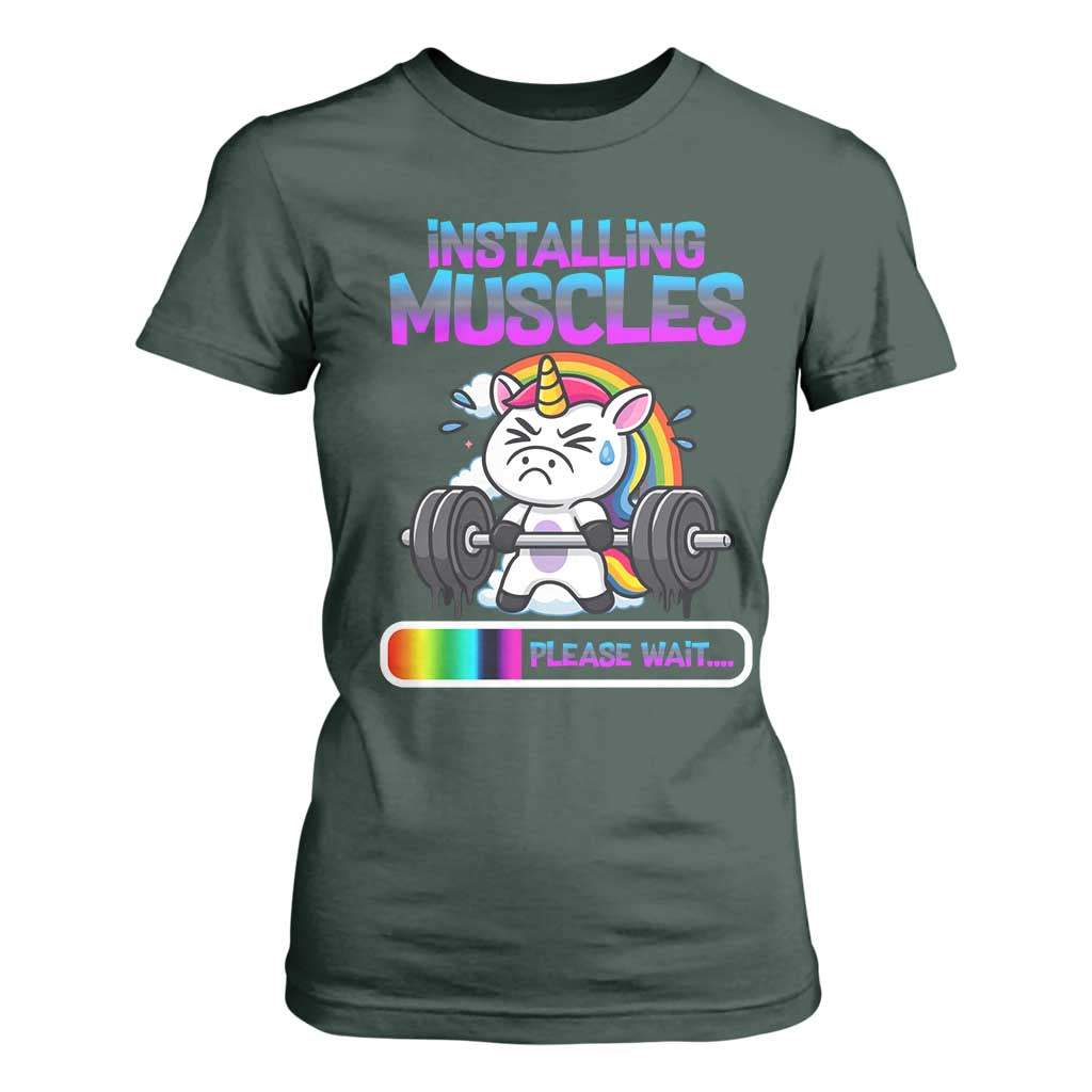 Installing Muscles Please Wait T Shirt For Women Cute Unicorn Gym Workout Gift TS12 Dark Forest Green Print Your Wear