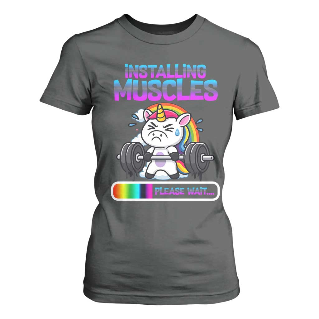 Installing Muscles Please Wait T Shirt For Women Cute Unicorn Gym Workout Gift TS12 Dark Heather Print Your Wear