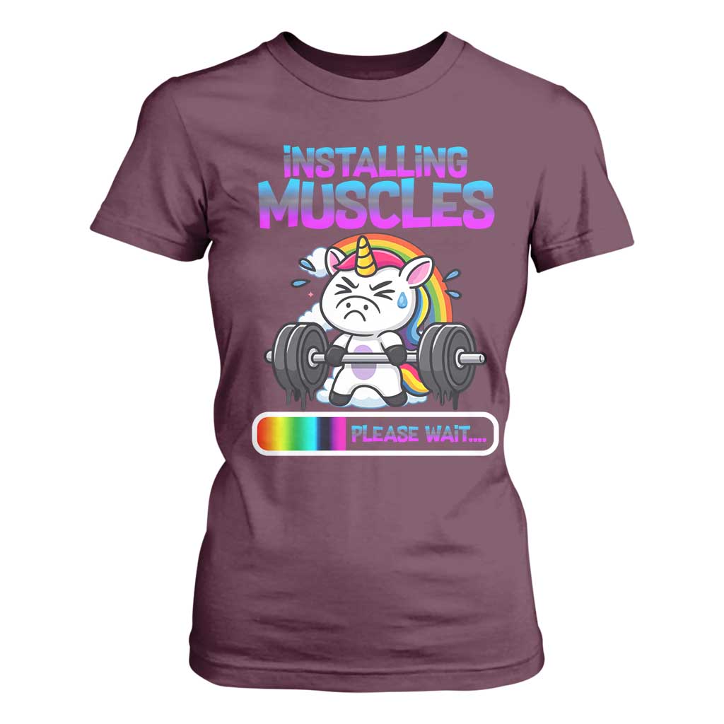 Installing Muscles Please Wait T Shirt For Women Cute Unicorn Gym Workout Gift TS12 Maroon Print Your Wear