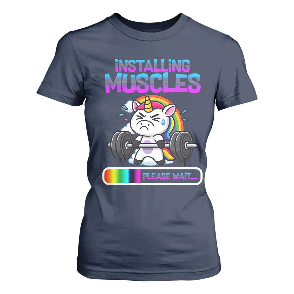 Installing Muscles Please Wait T Shirt For Women Cute Unicorn Gym Workout Gift TS12 Navy Print Your Wear