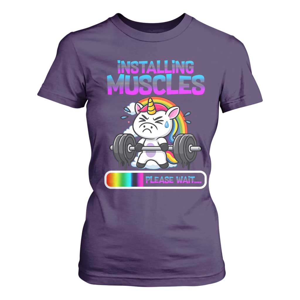 Installing Muscles Please Wait T Shirt For Women Cute Unicorn Gym Workout Gift TS12 Purple Print Your Wear