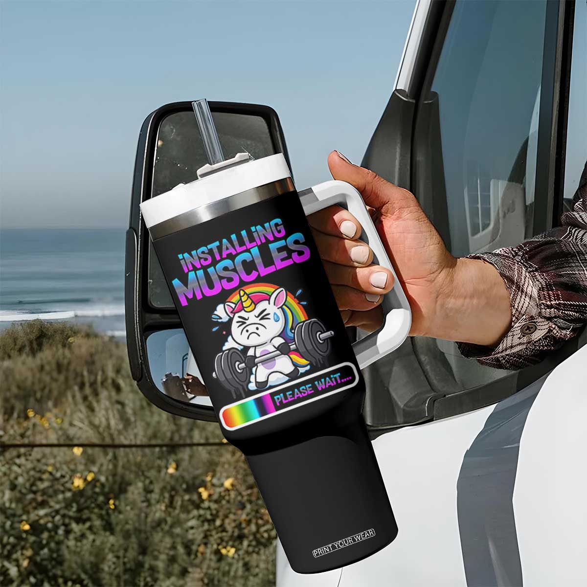 Installing Muscles Please Wait Tumbler With Handle Cute Unicorn Gym Workout Gift TS12 Print Your Wear