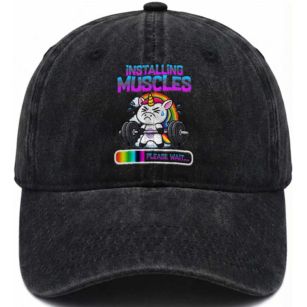 Installing Muscles Please Wait Washed Cotton Baseball Cap Cute Unicorn Gym Workout Gift TS12 Print Your Wear