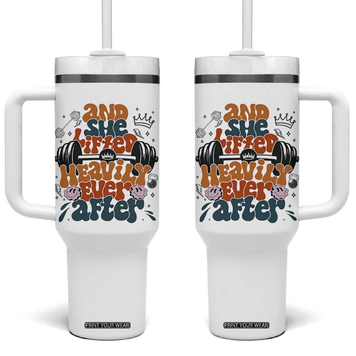 And She Lifted Heavily Ever After Tumbler With Handle Funny Gym Workout Gift TS12 One Size: 40 oz White Print Your Wear