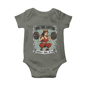 And She Lifted Heavily Ever After Baby Onesie Women Weightlifting Humor Gift TS12 Military Green Print Your Wear