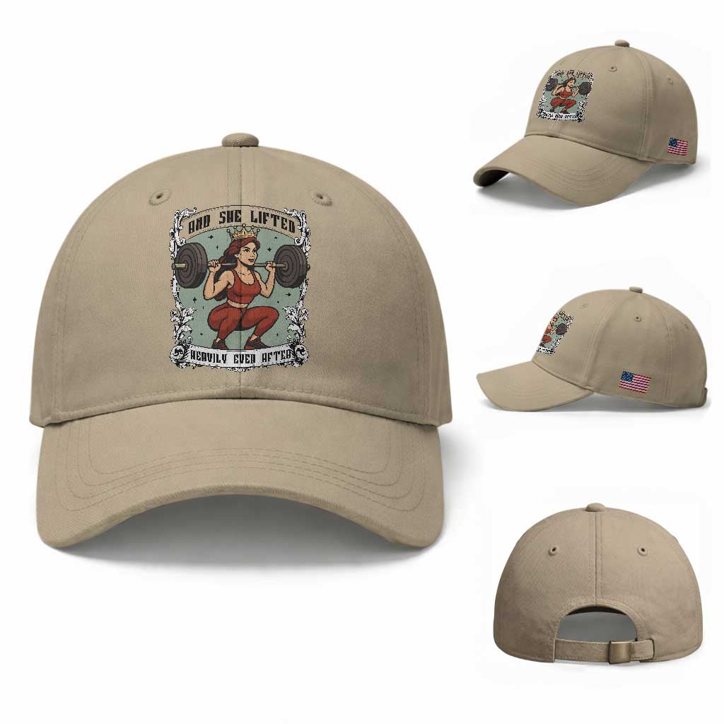 And She Lifted Heavily Ever After Baseball Cap Women Weightlifting Humor Gift TS12 Baseball Cap Universal Fit Khaki Print Your Wear