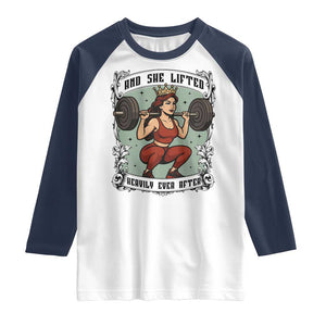 And She Lifted Heavily Ever After Raglan Shirt Women Weightlifting Humor Gift TS12 White Navy Print Your Wear