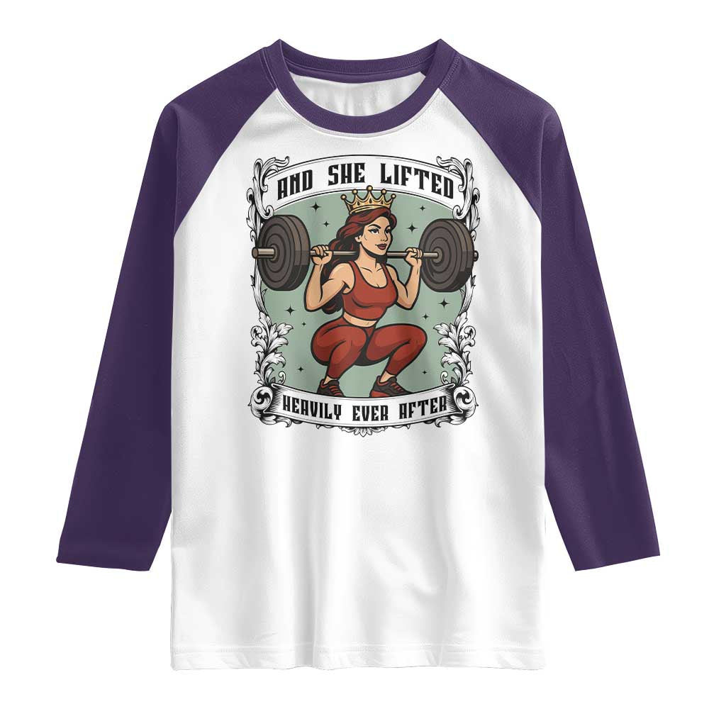And She Lifted Heavily Ever After Raglan Shirt Women Weightlifting Humor Gift TS12 White Purple Print Your Wear