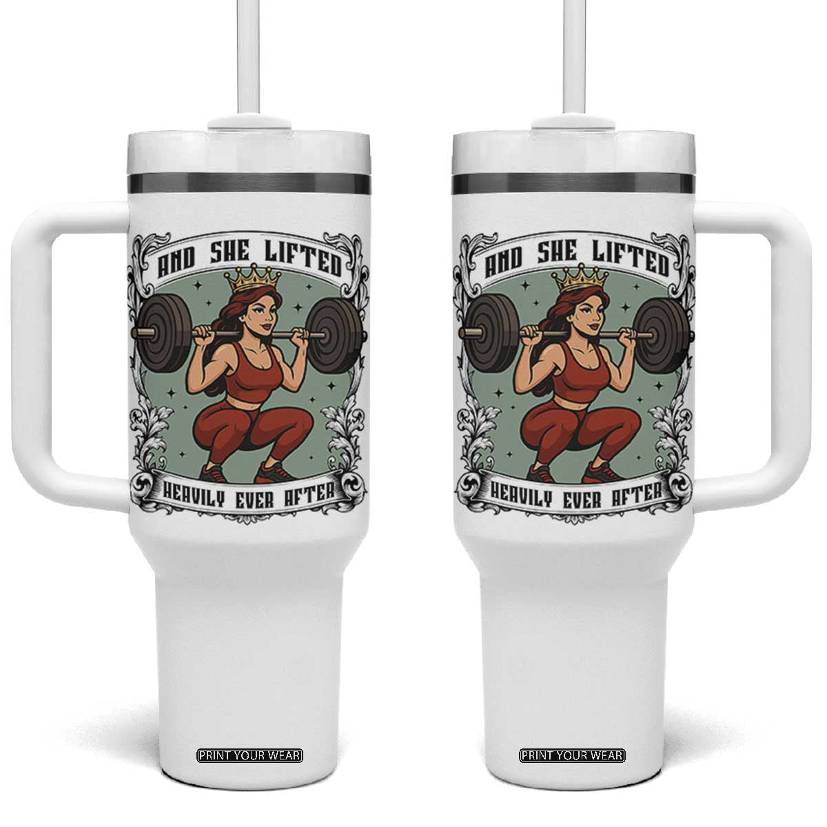 And She Lifted Heavily Ever After Tumbler With Handle Women Weightlifting Humor Gift TS12 One Size: 40 oz White Print Your Wear