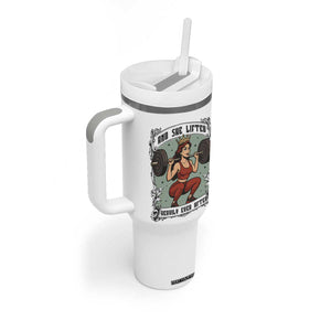 And She Lifted Heavily Ever After Tumbler With Handle Women Weightlifting Humor Gift TS12 Print Your Wear